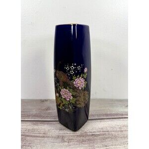Cobalt Blue Peacock and Floral Vase  22-Gold Trim porcelain vtg